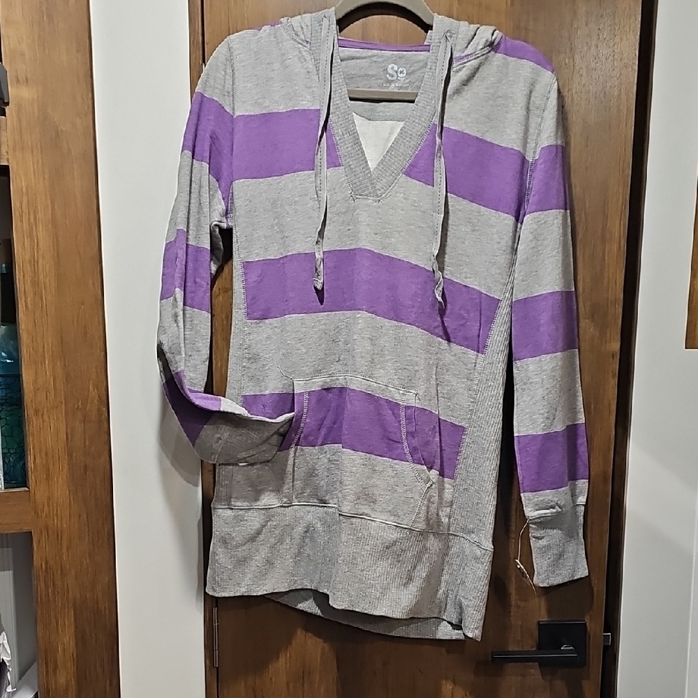 SO Women's V-Neck hoodie in Purple and Gray striped sweater